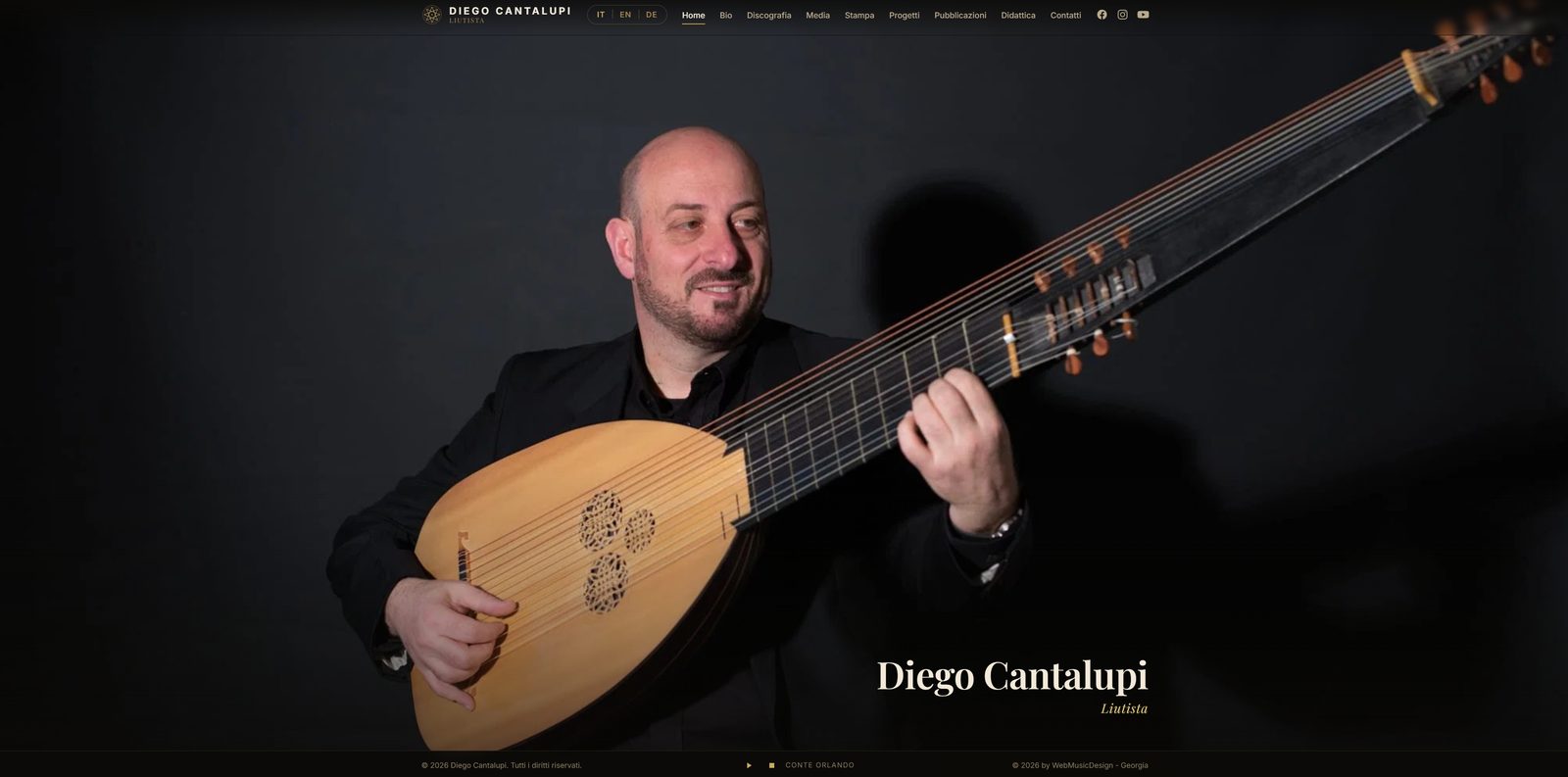 Home page of diegocantalupi.com, the website of a lutenist