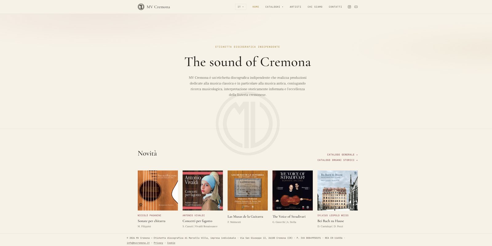 Home page of mvcremona.it, the website of an independent record label